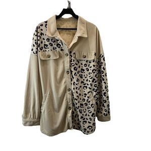 Womens Cream Animal Print Cheetah Button Up 2 Tone Shacket Jacket Size 2XL